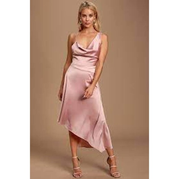 Lulus Dresses & Skirts - Lulu's Sereno Mauve Pink Satin Cowl Neck Asymmetrical Midi Dress NWT Medium